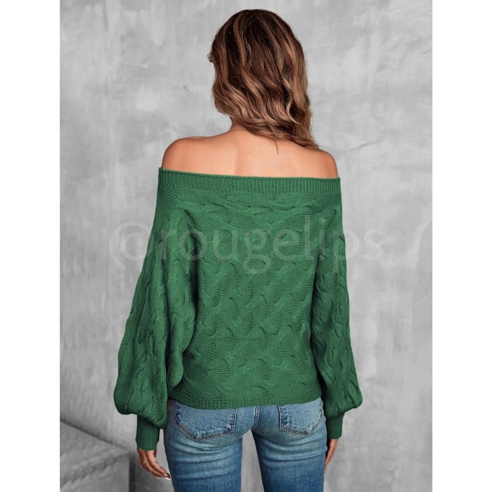 Off the Shoulder Batwing Sleeve Forrest Green Knit Sweater Pullover - Picture 7 of 8